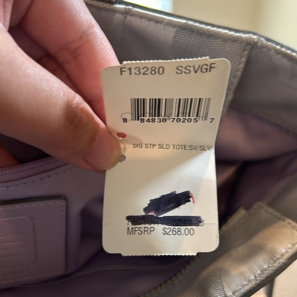 Coach Metallic Gray Signature Stripe Tote - Good Condition - Picture 12 of 14